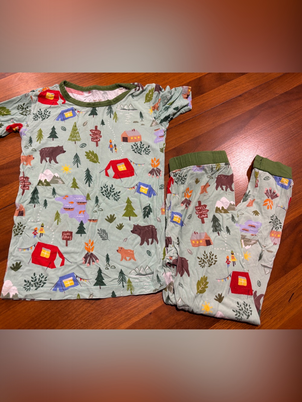 Little Sleepies Sage Green Woodland Camp Pajama Set with Red & Blue Accents